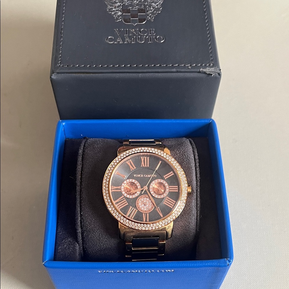 Vince Camuto Rose Gold and Black Crystal-Trim Watch